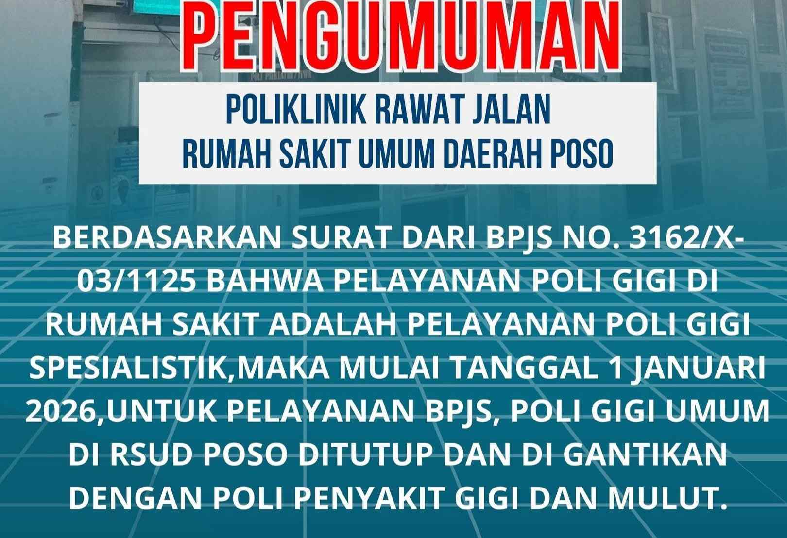 RSUD Poso Ubah Layanan Poli Gigi Per 1 Januari 2026, Simak Penjelasannya