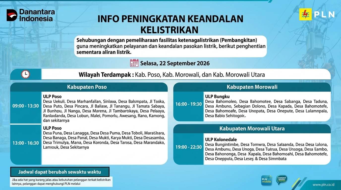 Jadwal Pemadaman Listrik PLN di Poso, Morowali dan Morut, 22 September 2026