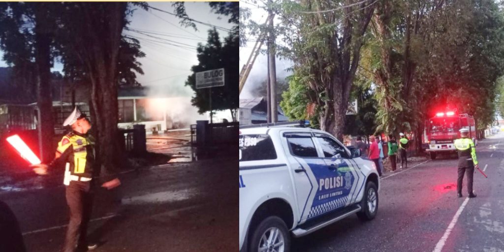 Satlantas Polres Poso Berikan Kamseltibcarlantas di Lokasi Kebakaran Kantor Bulog