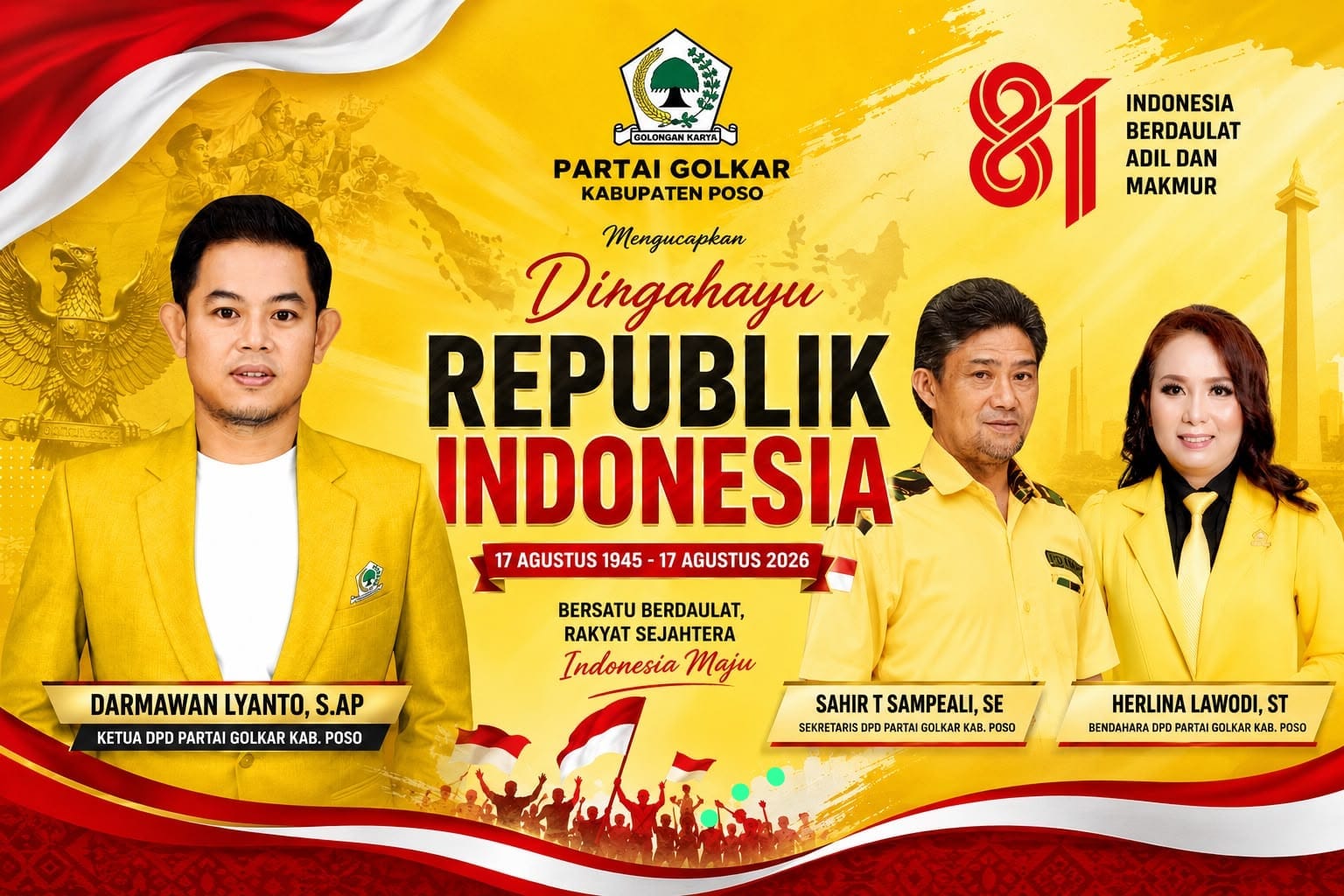 Sambut HUT Ke-81 RI, DPD Partai Golkar Poso Gelorakan Semangat Bersatu dan Sejahtera