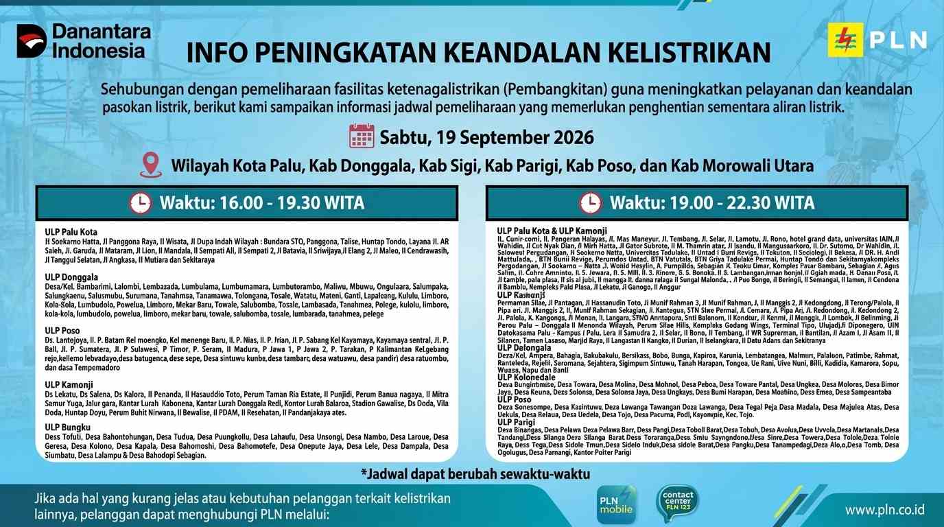 Jadwal Pemadaman Listrik PLN di Poso, Sabtu 19 September 2026: Cek Wilayah Terdampak!