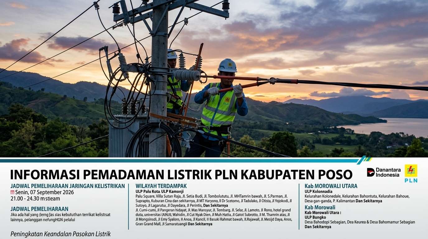 Ini Jadwal Pemadaman Listrik PLN di Wilayah Poso Hari Ini, 7 September 2026