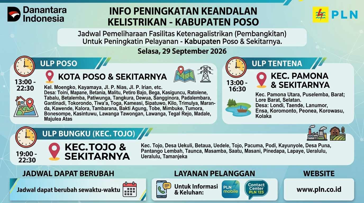 Ini Jadwal Pemadaman Listrik di Poso 29 September 2026, Berikut Wilayah Terdampak