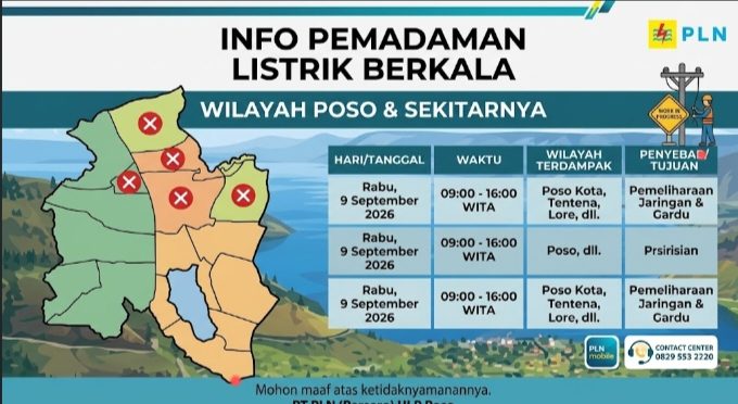 Jadwal Mati Lampu Poso, Rabu 9 September 2026: Cek Wilayah Terdampak Pemadaman Listrik PLN