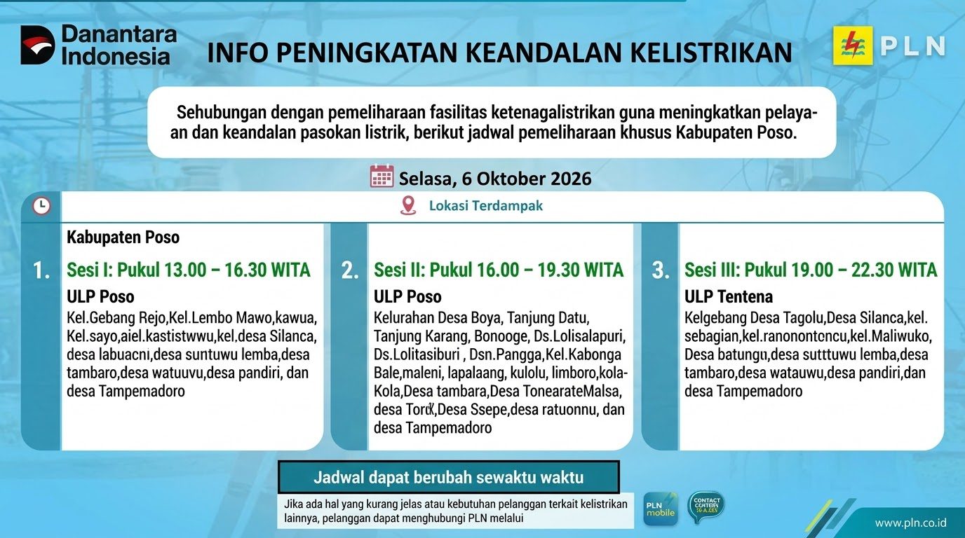 Ini Jadwal Pemadaman Listrik di Kabupaten Poso 6 Oktober 2026