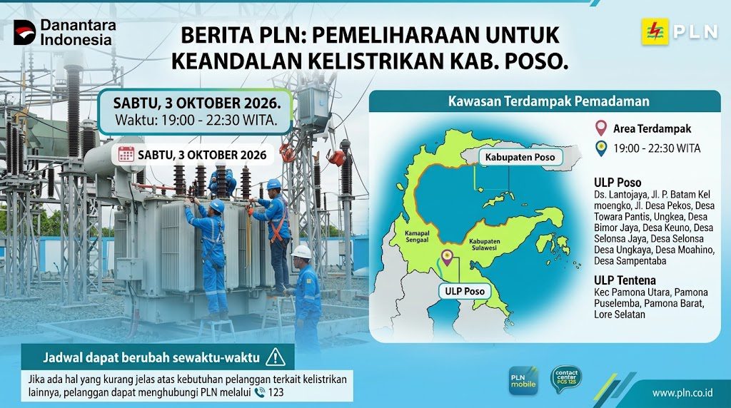 PLN Umumkan Pemadaman Listrik Poso Sabtu 3 Oktober 2026