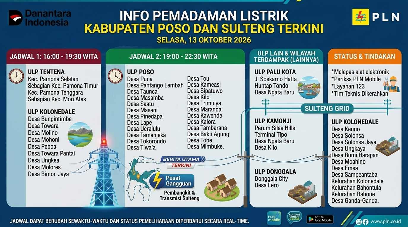 Jadwal Pemadaman Listrik Poso, Selasa 13 Oktober 2026: Cek Wilayah Terdampak