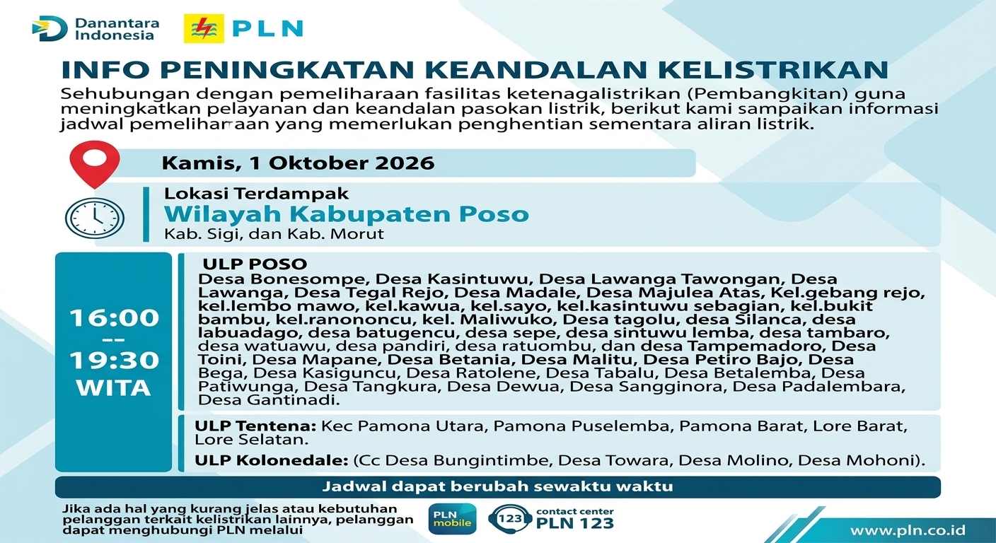 Jadwal Mati Listrik Poso, Kamis 1 Oktober 2026: Cek Wilayah Terdampak!