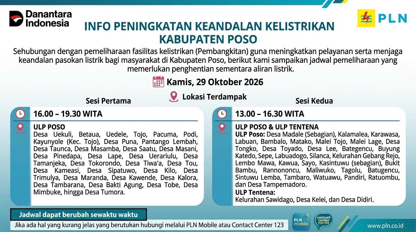 Cek Jadwal Padam Listrik Hari Ini, 29 Oktober 2026 di Kabupaten Poso