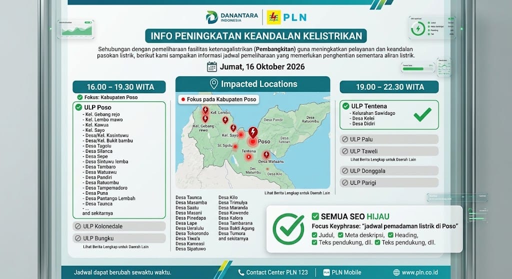 Jadwal Pemadaman Listrik di Kabupaten Poso Hari Ini 16 Oktober 2026, Cek Wilayah Terdampak