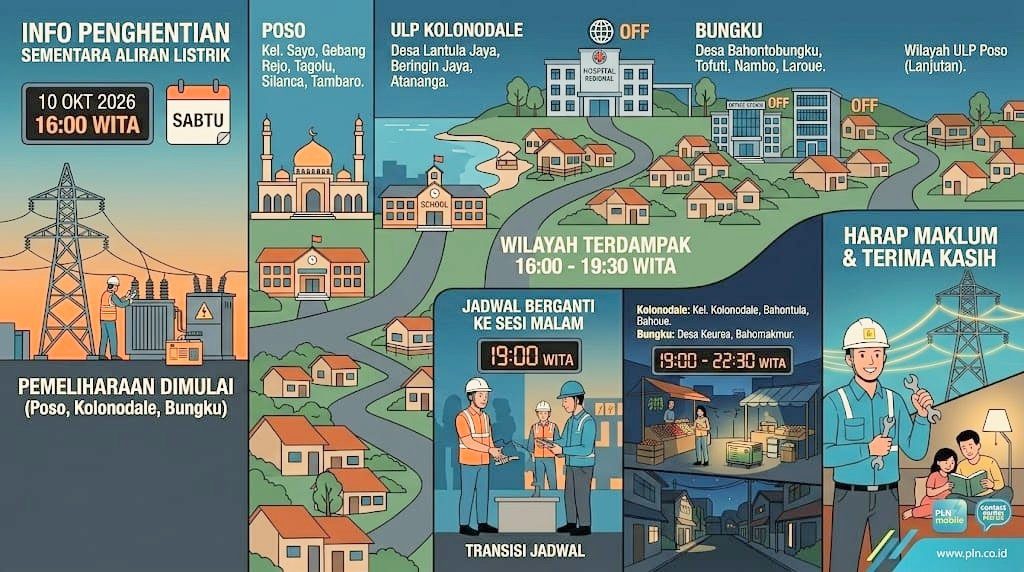 Jadwal Pemadaman Listrik PLN di Poso, Kolonodale dan Bungku Sabtu 10 Oktober 2026
